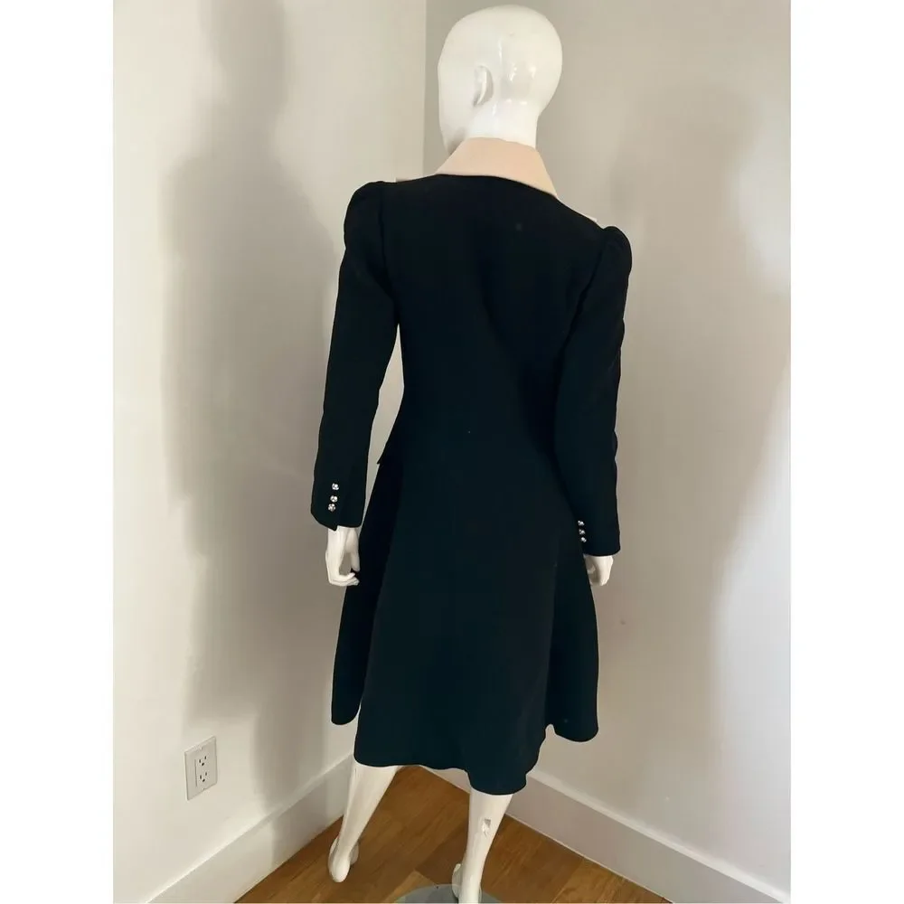 Black Baby Doll Bib Long Coat Sz XS 100% Wool Mushroom Bejeweled Buttons - Picture 9 of 11